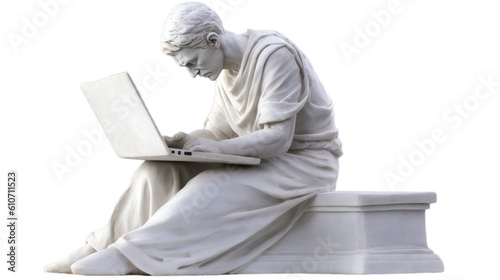 A marble statue of a greek man working on a laptop on a transparent background, Generative AI