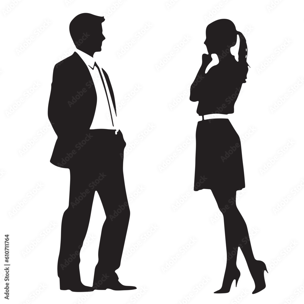 silhouettes of man and woman standing, business, couple, black color, isolated on white background