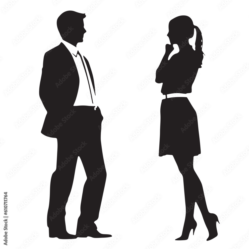 silhouettes of man and woman standing, business, couple, black color, isolated on white background silhouettes of man and woman standing, business, couple, black color, isolated on white background