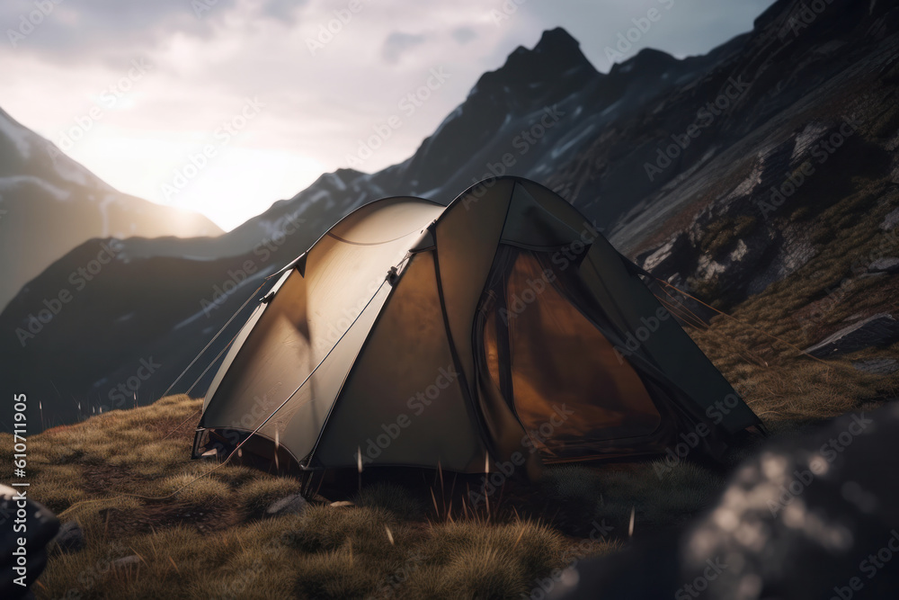 Get ready for an adventure This mountain view with a tent pitched in the foreground is perfect for showcasing the thrill of backpacking and outdoor activities. AI Generative.
