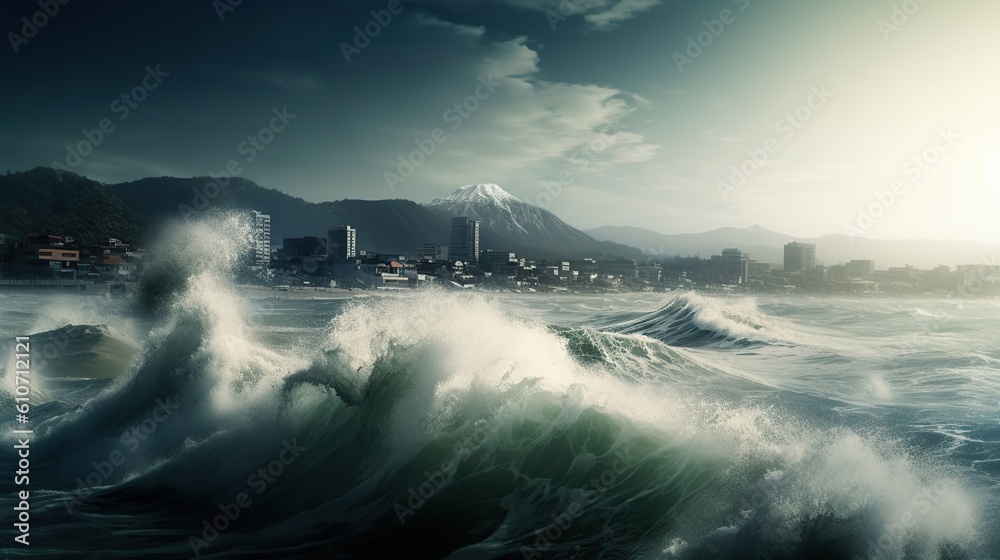 Fototapeta premium Natural disaster. Massive tsunami. AI generative image.