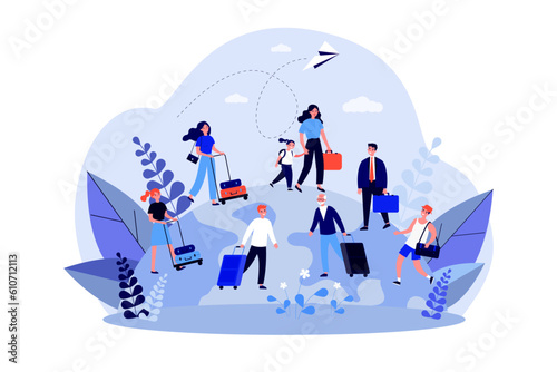 Happy people with suitcases traveling vector illustration. Businessmen and tourists on world globe with paper plane. Tourism recovery, international traveling, pandemic concept