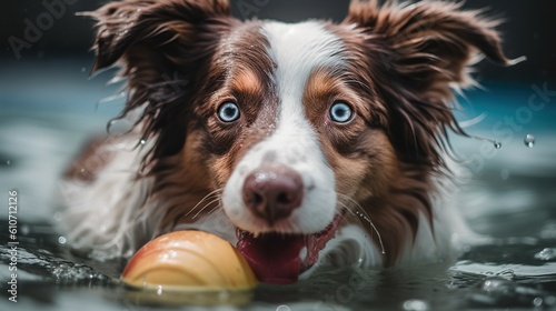 Portrait of a cute Australian shepherd dog in the pool. AI generative image.