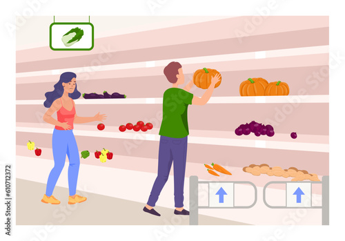 People shopping at supermarket vector illustration. Fruit and vegetable shortage on grocery store shelves, man picking pumpkin. Food crisis, drought, climate change concept