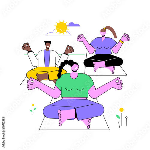 Park yoga isolated cartoon vector illustrations. Group of people do yoga in park together, urban active lifestyle, recreation day, sitting in lotus pose, stretching practice vector cartoon.