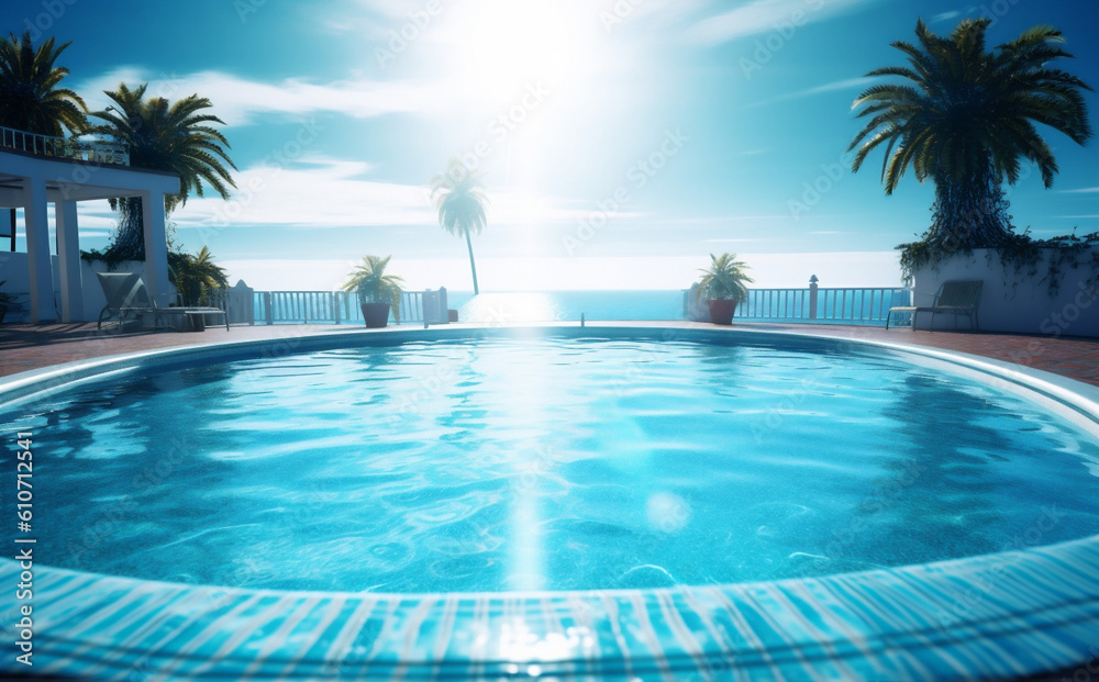 relaxation water pool palm large summer home luxury blue swimming. Generative AI.