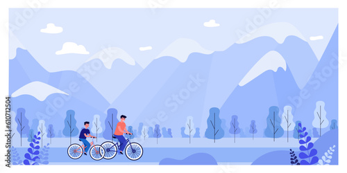 Happy friends traveling by bicycle vector illustration. Young cyclists racing on bike path, observing nature and mountains in background. Cycling, adventure tourism, travel concept