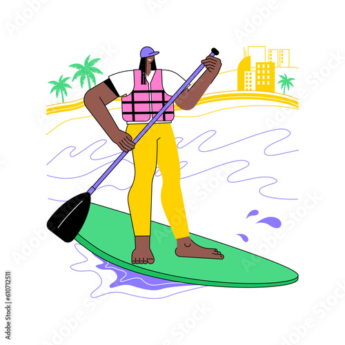 Stand up paddling rental isolated cartoon vector illustrations. Young sporty man boating near city park, urban lifestyle, recreation day, paddling rental idea, active sport vector cartoon.