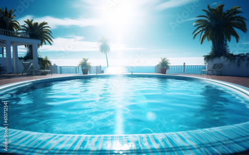 relaxation water pool palm large summer home luxury blue swimming. Generative AI.