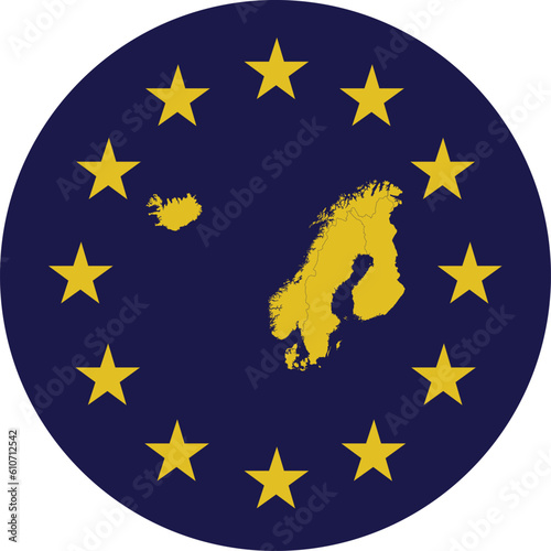 Badge of Yellow Map of Nordic - North Europe countries in colors of EU flag