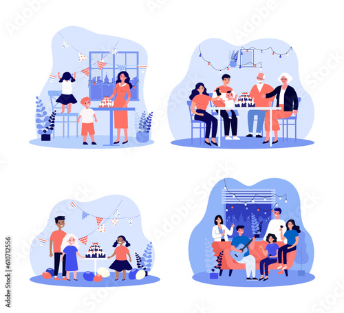 Family having home party vector illustrations set. Happy parents and children eating cake, decorating house, celebrating birthday, playing guitar. Family reunion, tradition, holiday concept