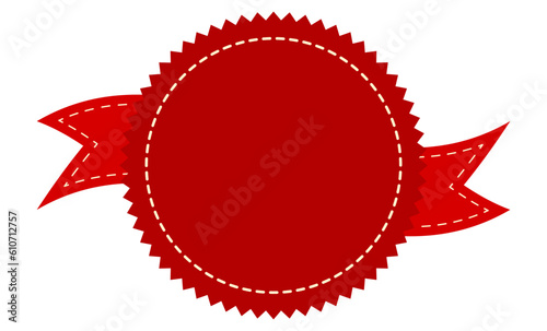Award red badge. Achievement label with ribbon. Vector illustration isolated on white.