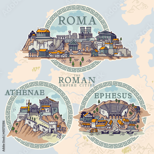 Roman Empire cities hand draw emblem icons in vector format