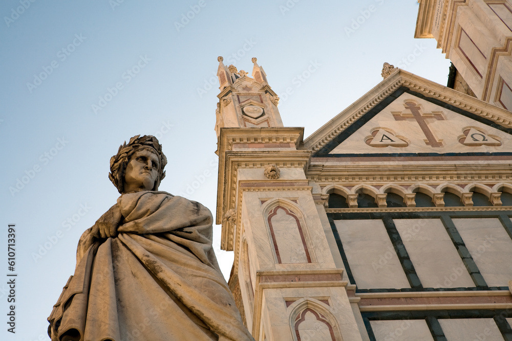 Dante Alighieri statue - Dante's hell and Basilica di santa croce - piazza di santa croce - Florence - Italy
