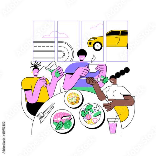 Rest area isolated cartoon vector illustrations. Group of friends snacking in cafe, stop at a restaurant, people lifestyle, travel time, eating on a road trip, make a rest vector cartoon.