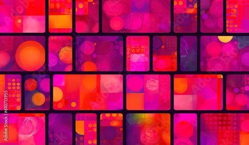Colorful pattern in color of summer. Pink, orange, magenta glowing background of circles and cubes, squares. Retro touch. Generative Ai.