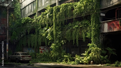 abandoned city, overgrown with greenery Generative AI