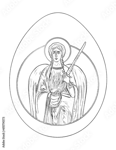 Easter egg with Archangel Uriel. Easter egg in vintage style. Religious illustration to color black and white