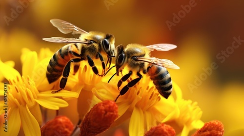 Bee on beautiful flowers, macro, incredible pollinator, generative AI Generative AI © Instacraft.Studio