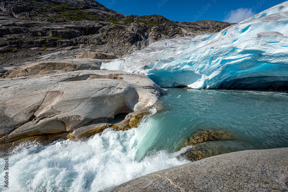 Melting Glacier Nigardsbreen Nigar Glacier arm of Jostedalsbreen located in Gaupne Jostedalen valley Norway