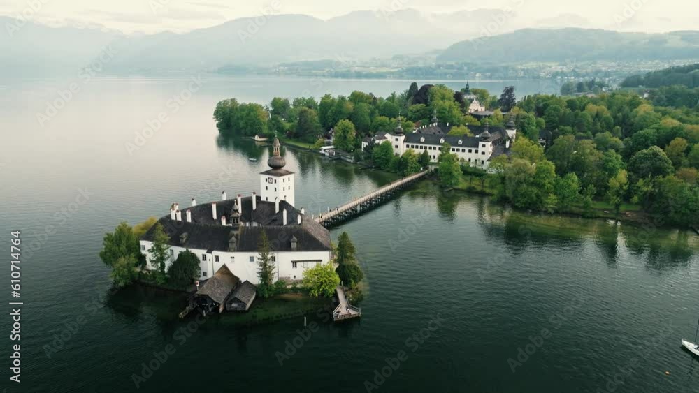 Aerial view of the Schloss Ort in Gmunden at lake Traunsee in Upper Austria . 