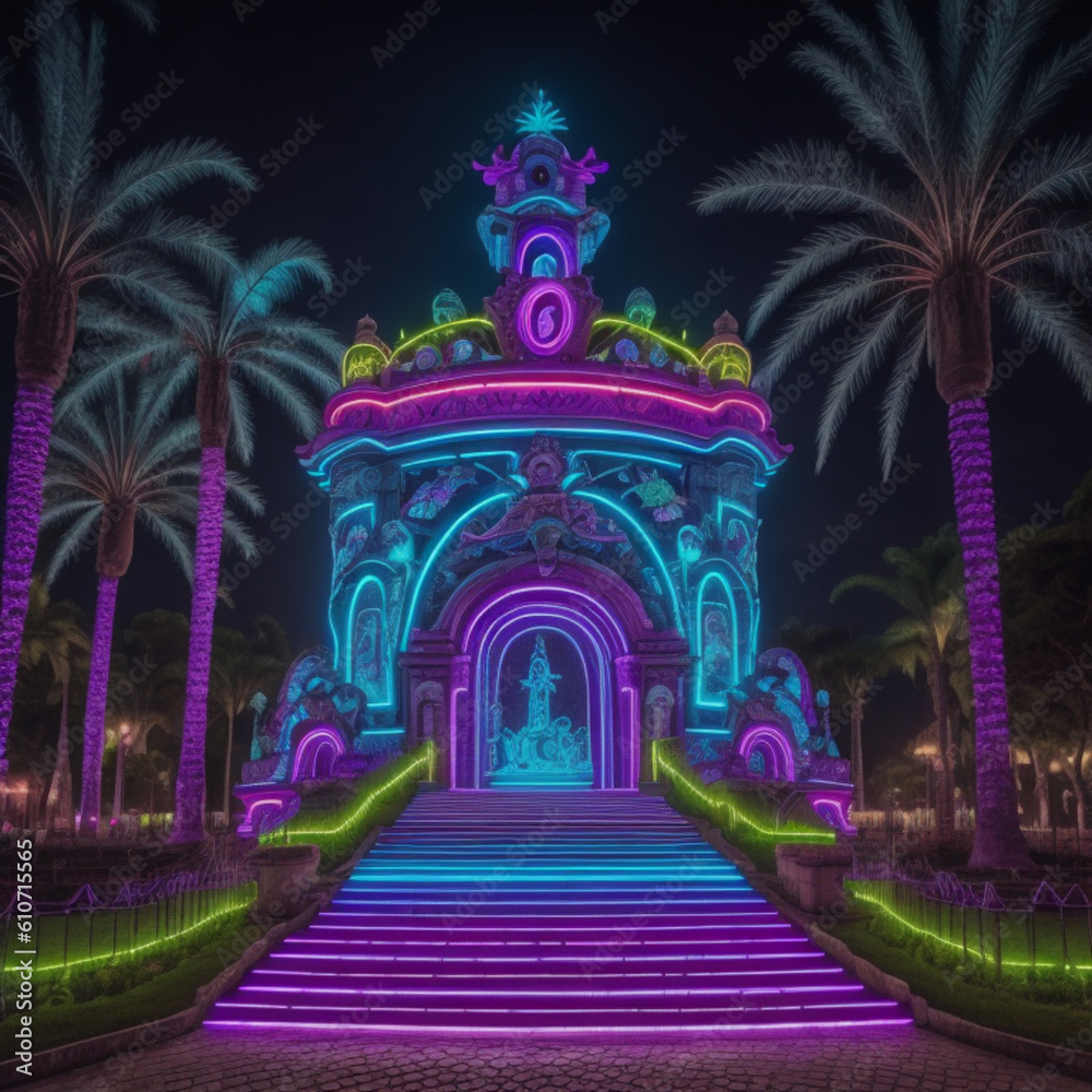 Obraz premium Festa neon cúpula no jardim com palmeiras escadaria iluminação