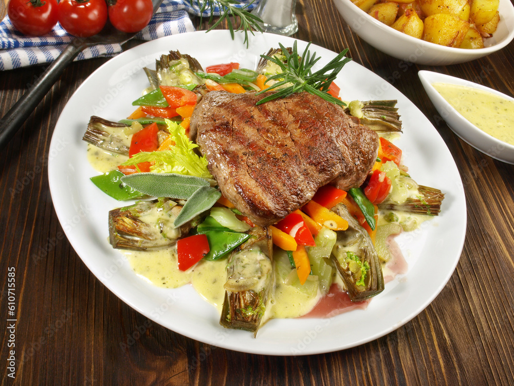 Chateaubriand auf Gemüse mit Artischocken und Sauce béarnaise Chateaubriand auf Gemüse mit Artischocken und Sauce béarnaise