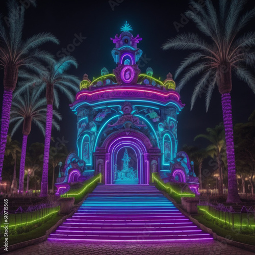 Festa neon cúpula no jardim com palmeiras escadaria iluminação photo