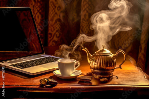 A cup of coffee or tea next to a laptop, symbolizing the start of a productive day.