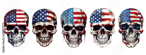 t-shirt illustration of a skull with the colors of the US flag painted on the face