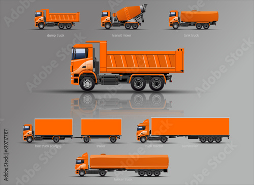 The vector tupes of trucks. Delivery of load. Vector Construction Machines