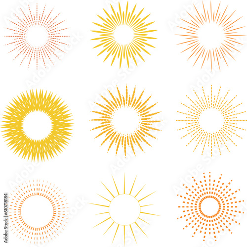9 dazzling sunburst ornaments. Golden hues dominate the scene, evoking the warmth and brilliance of the sun. Vector illustration.
