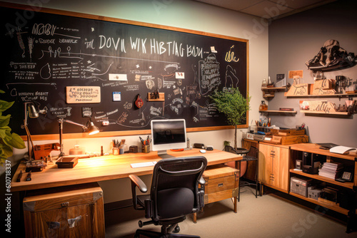A neatly organized desk with a motivational quote framed on the wall.