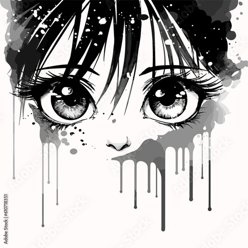 Manga eyes looking with paint dripping from her face. Drawing of black and white anime girl peeps out. Isolated on white background. Vector illustration EPS10