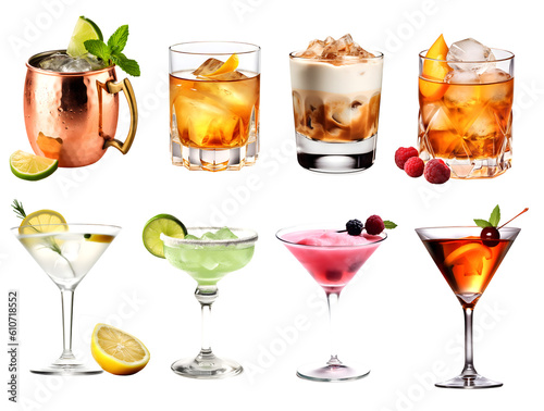 Alcohol Cocktail Mocktail. Many assorted different range types isolated on transparent background cutout. PNG file