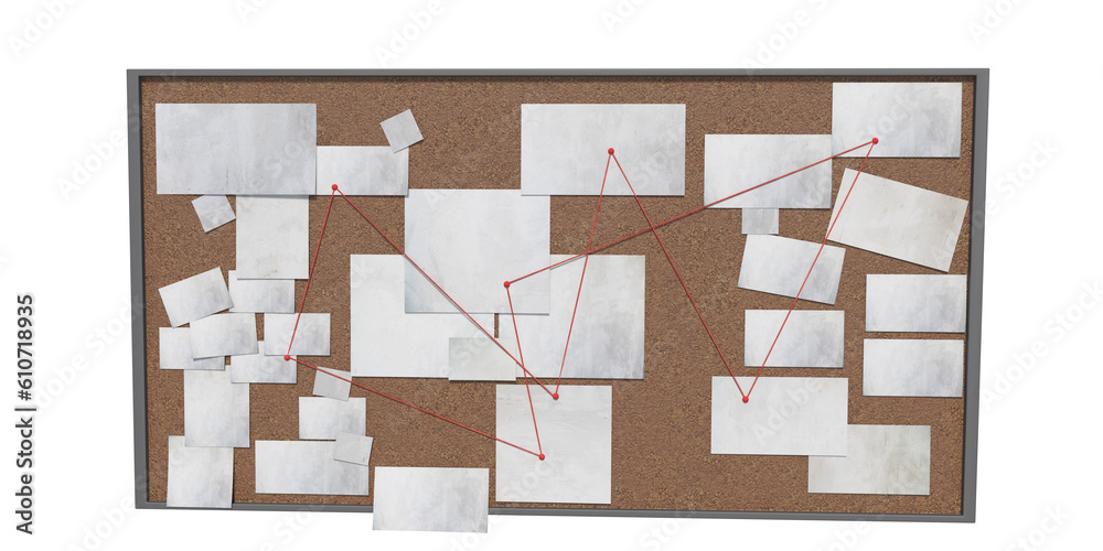 Fotografia detecftive board with blank paper linked by red thread 3d render