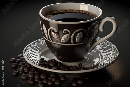 A cup of black coffee  with scattered coffee beans  is generated by AI.