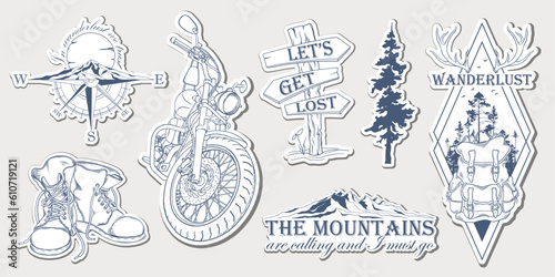 Set of hand drawn travel stickers with forest trees silhouette, mountains and travel elements. Wanderlust. Adventure. Vector isolated illustration for t-shirt design, posters, stickers, tatoo, badges