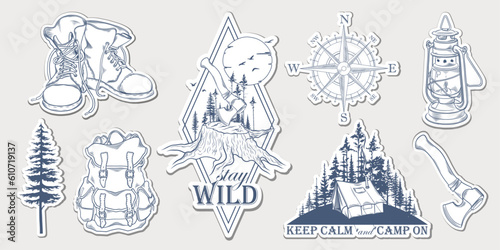 Set of hand drawn travel stickers with forest trees silhouette, mountains and travel elements. Wanderlust. Adventure. Vector isolated illustration for t-shirt design, posters, stickers, tatoo, badges
