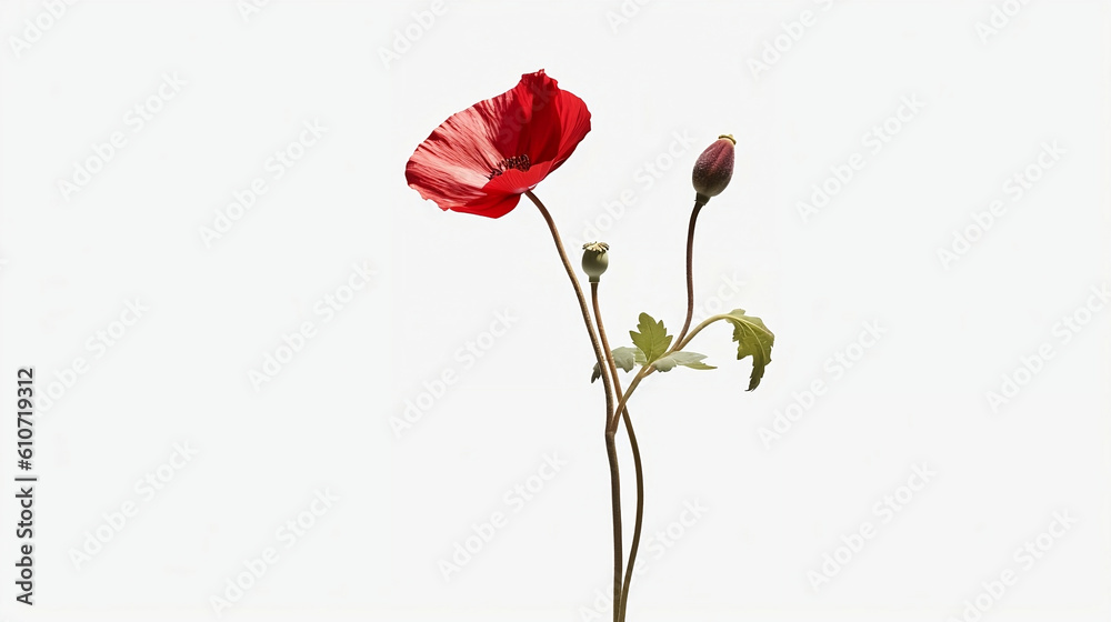 Red orange poppy flower, on a white background, single stem flower, ikebana, simple, minimal design, wedding, invitation cards