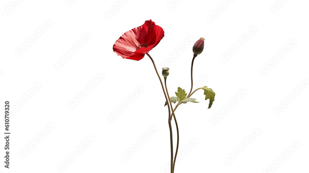 Red orange poppy flower, on a white background, single stem flower, ikebana, simple, minimal design, wedding, invitation cards Red orange poppy flower, on a white background, single stem flower, ikebana, simple, minimal design, wedding, invitation cards