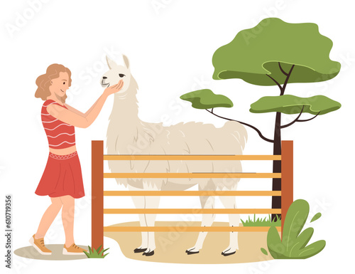 Cute children walking in safari park. Happy girl spending the day visiting Zoo and hugging llama. For African animals, safari, tourists concept. Cartoon vector illustration in flat style © Катерина Фирсова