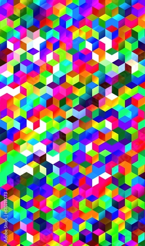 3d illustration of abstract cube shapes, randomly patterned background with vibrant colors.