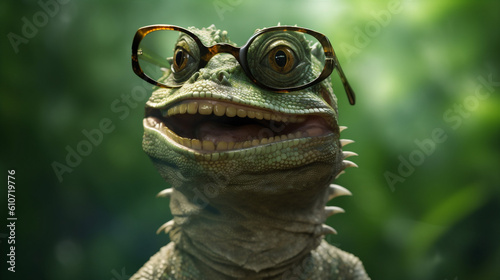 wildlife scale portrait lizard iguana glasses animal close-up green reptile. Generative AI. © SHOTPRIME STUDIO