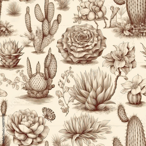 Drawn different cacti on a white background in vintage style. photo