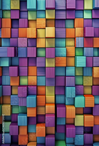 Pattern from colorful wooden blocks of cubes. Wooden background  wooden cubes  background. generative ai