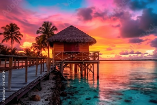 Beautiful sunset on the tropical beach with water bungalows. Created with Generative AI tools