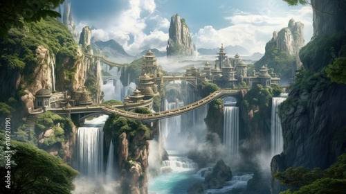 Fantastical realm where islands hover in the sky, connected by intricate bridges and waterfalls flowing into the void below