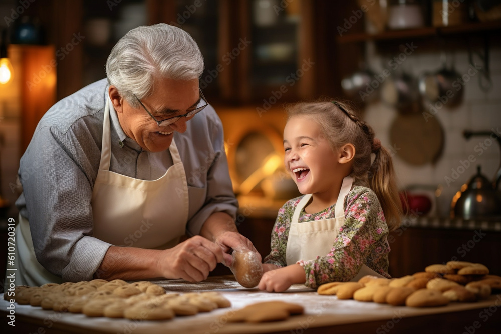 A grandparent and grandchild laughing together while baking cookies in a warm, inviting kitchen, elderly happy people, old age, bokeh Generative AI