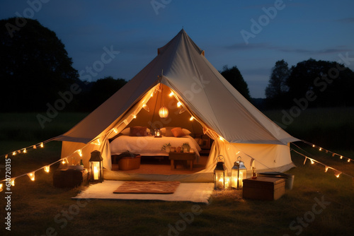 tent nature travel glamping vacation canvas light camping forest luxury. Generative AI. photo